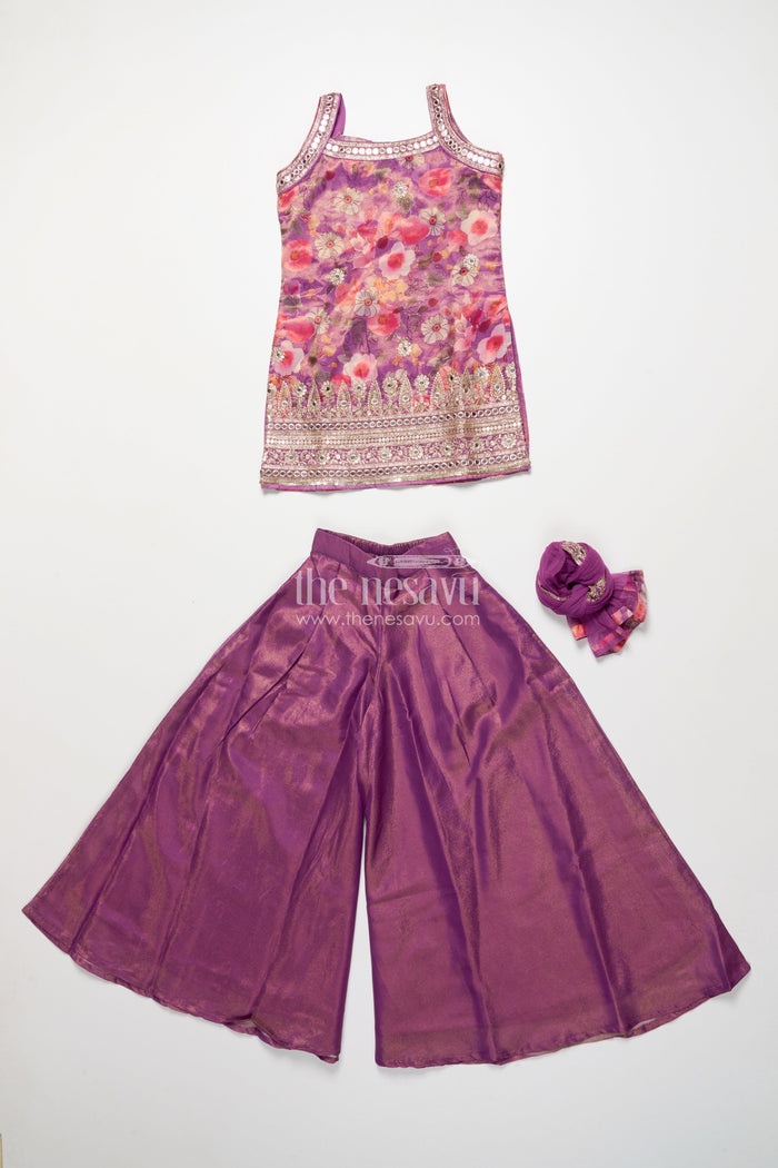 The Nesavu Girls Sharara / Plazo Set Girls Sharara Set in Viscose Silk with Floral Embroidery Yoke Nesavu Nesavu girls silk sharara set floral embroidery yoke festive occasions