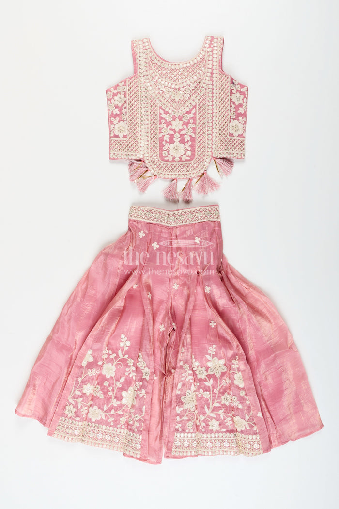 The Nesavu Girls Sharara / Plazo Set Girls sharara set with embroidered crop top for festive occasions Nesavu Nesavu girls sharara set embroidered crop top weddings festive celebrations