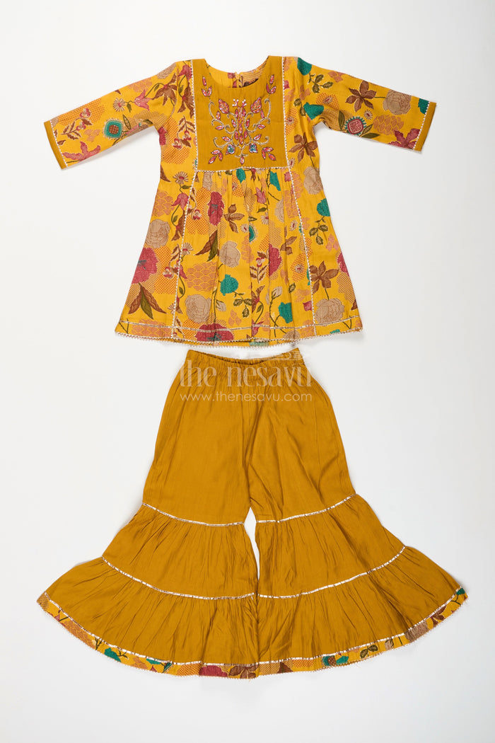 The Nesavu Girls Sharara / Plazo Set Girls sharara set with mustard floral print for festive functions Nesavu Nesavu girls mustard sharara set with floral digital print and embroidery for festive occasions