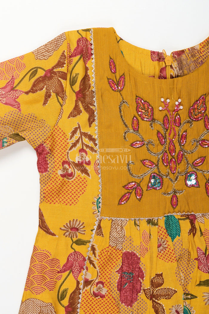 The Nesavu Girls Sharara / Plazo Set Girls sharara set with mustard floral print for festive functions Nesavu Nesavu girls mustard sharara set with floral digital print and embroidery for festive occasions