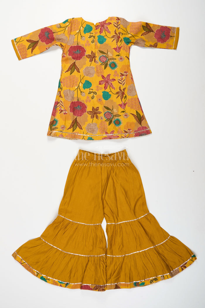 The Nesavu Girls Sharara / Plazo Set Girls sharara set with mustard floral print for festive functions Nesavu Nesavu girls mustard sharara set with floral digital print and embroidery for festive occasions