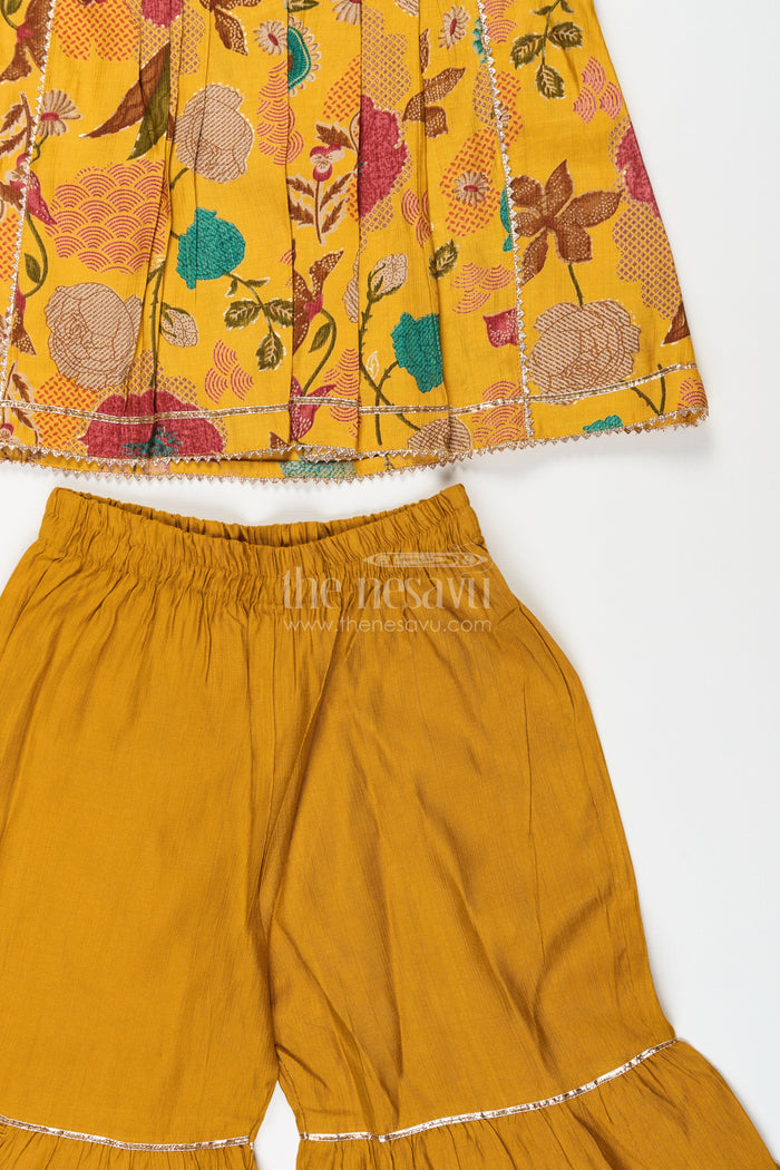 The Nesavu Girls Sharara / Plazo Set Girls sharara set with mustard floral print for festive functions Nesavu Nesavu girls mustard sharara set with floral digital print and embroidery for festive occasions