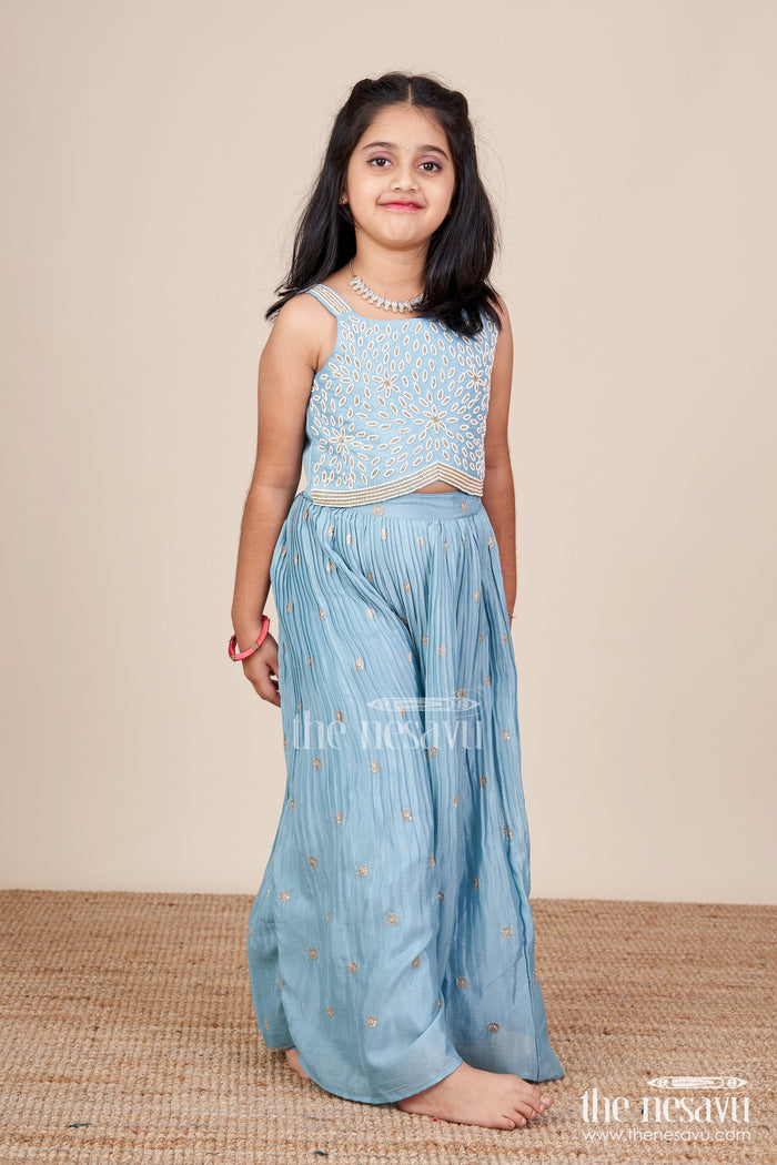 The Nesavu Girls Sharara / Plazo Set Girls Sharara Set with Thread Embroidery for Weddings and Mehendi Events Nesavu Nesavu sharara set girls thread embroidery  perfect weddings festive occasions