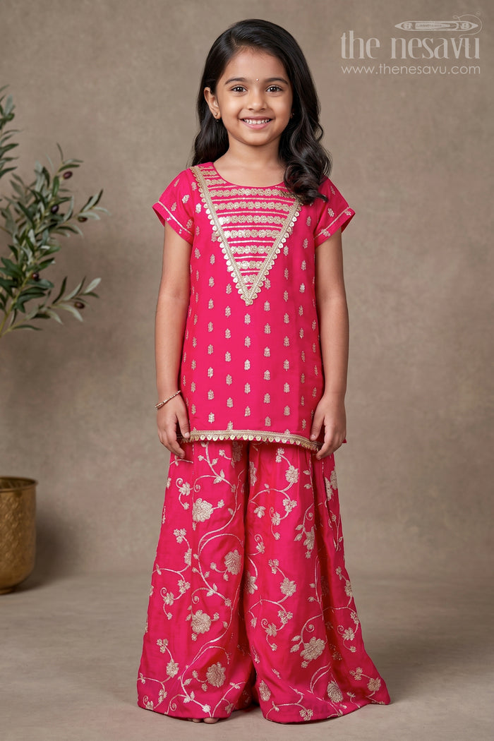The Nesavu Girls Sharara / Plazo Set Girls Sharara Suit with Ethnic Embroidery for Weddings and Festive Functions Nesavu 16 (1Y) / Red GPS791A-16 Nesavu girls sharara suit embroidery perfect ethnic wear weddings poojas festive occasions