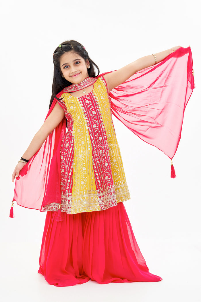 The Nesavu Girls Sharara / Plazo Set Girls Sharara with Embroidered Georgette Kurti and Flowy Palazzo Pants Nesavu 24 (5Y) / Pink GPS515A-24 Girls Sharara Embroidered Kurti Flowy Palazzo Pants | The Nesavu