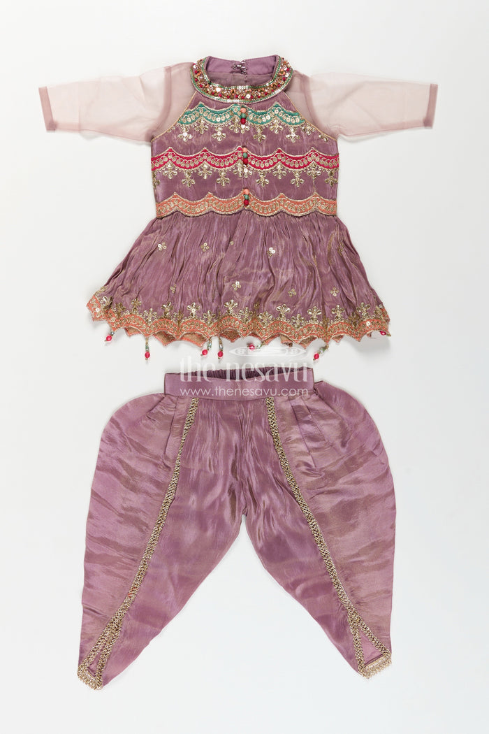 The Nesavu Girls Dothi Sets Girls Shimmer Sharara Kurta Set in Mauve Viscose Silk with Designer Embroidery and Jacket Nesavu Girls Mauve Sharara Kurta Shimmer Viscose Silk Designer Embroidery Net Jacket | The Nesavu