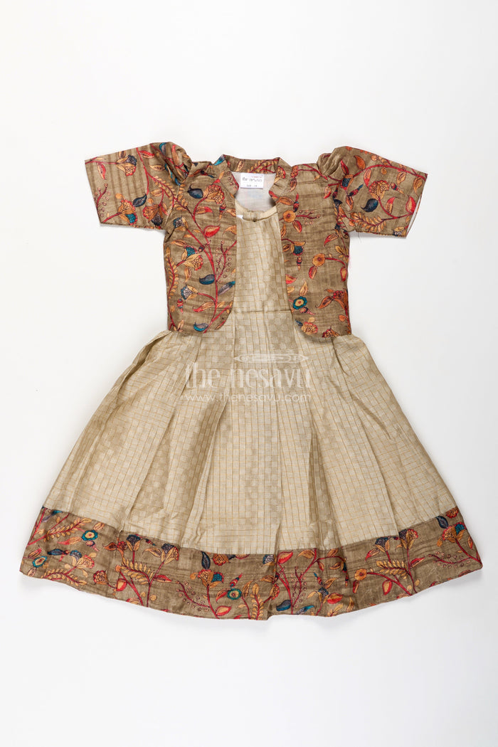 The Nesavu Girls Casual Gown Girls Silk Cotton Gown with Embroidered Chanderi Overcoat in Green Gown with Sleeves Style Nesavu Girls green gown sleeves Silk Cotton Embroidered Chanderi Floral Overcoat | The Nesavu