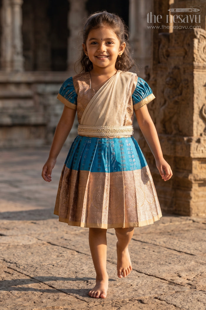The Nesavu Girls Kanchi Silk Frock Girls Silk Dress Royal Blue with Semi Kanchivaram Weave Thread Embroidery and Lace Detailed Dupatta Nesavu Royal Blue Girls Silk Dress in Semi Kanchivaram with Embroidered Dupatta and Golden Zari Details | The Nesavu