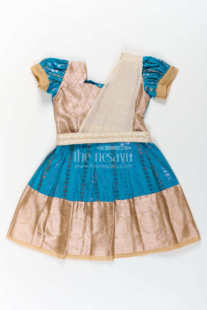 The Nesavu Girls Kanchi Silk Frock Girls Silk Dress Royal Blue with Semi Kanchivaram Weave Thread Embroidery and Lace Detailed Dupatta Nesavu 20 (3Y) / Blue / Style 2 SF843AB-20 Nesavu Royal Blue Girls Silk Dress in Semi Kanchivaram with Embroidered Dupatta and Golden Zari Details