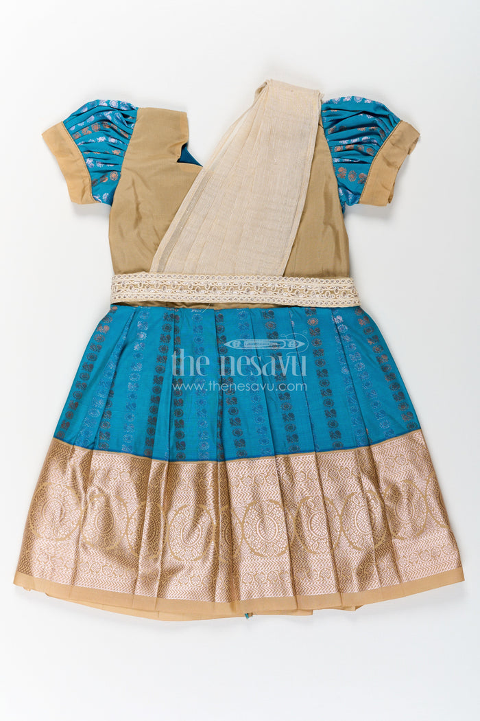 The Nesavu Girls Kanchi Silk Frock Girls Silk Dress Royal Blue with Semi Kanchivaram Weave Thread Embroidery and Lace Detailed Dupatta Nesavu 20 (3Y) / Blue / Style 3 SF843AC-20 Nesavu Royal Blue Girls Silk Dress in Semi Kanchivaram with Embroidered Dupatta and Golden Zari Details