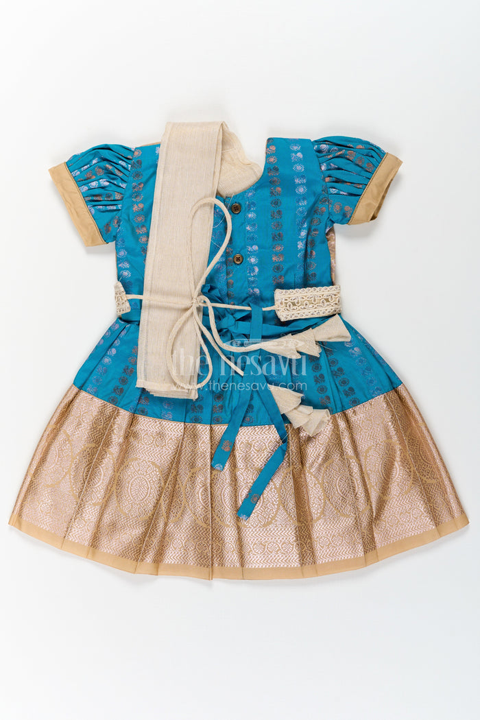 The Nesavu Girls Kanchi Silk Frock Girls Silk Dress Royal Blue with Semi Kanchivaram Weave Thread Embroidery and Lace Detailed Dupatta Nesavu Nesavu Royal Blue Girls Silk Dress in Semi Kanchivaram with Embroidered Dupatta and Golden Zari Details