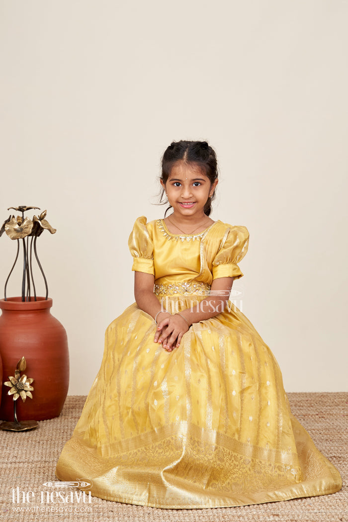 The Nesavu Girls Silk Gown Girls silk gown for wedding and festive wear Nesavu 20 (3Y) / Yellow GA300C-20 Nesavu girls silk gown weddings festivals Banarasi organza dupatta drape