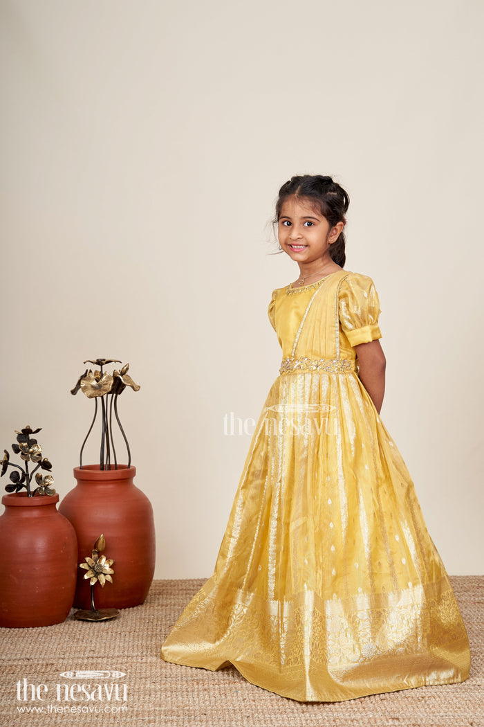 The Nesavu Girls Silk Gown Girls silk gown for wedding and festive wear Nesavu Nesavu girls silk gown weddings festivals Banarasi organza dupatta drape