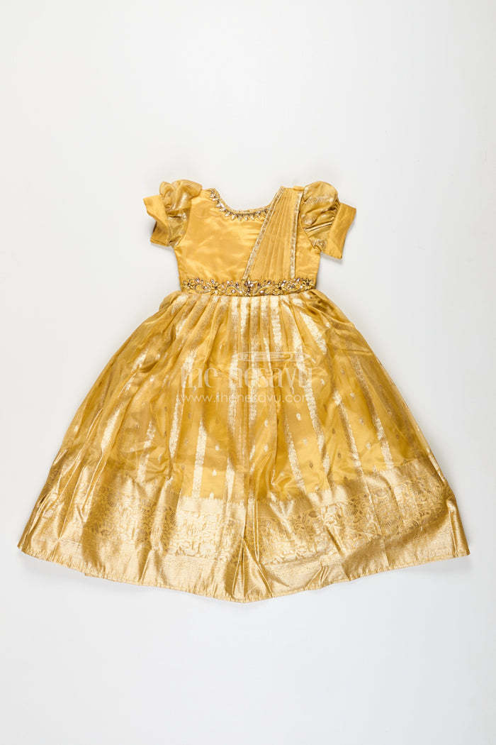 The Nesavu Girls Silk Gown Girls Silk Gown for Wedding and Festive Wear Nesavu Nesavu girls silk gown weddings festivals Banarasi organza dupatta drape