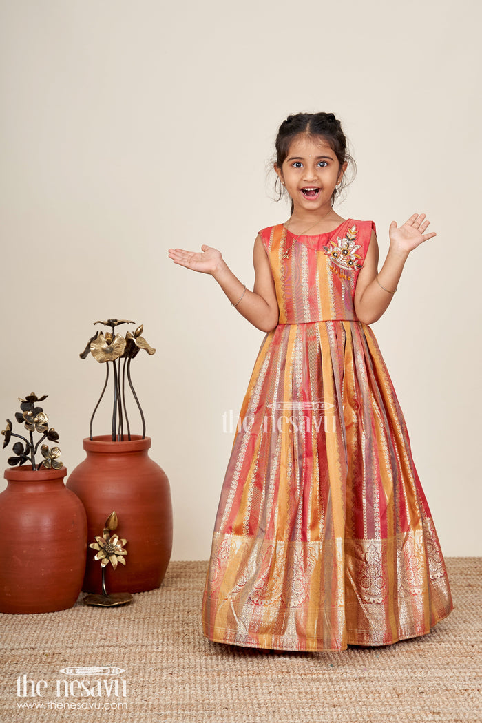 The Nesavu Girls Silk Gown Girls silk gown for wedding and traditional celebrations Nesavu 20 (3Y) / Gold GA354A-20 Nesavu girls kora tissue silk gown with zari border for weddings and traditional celebrations