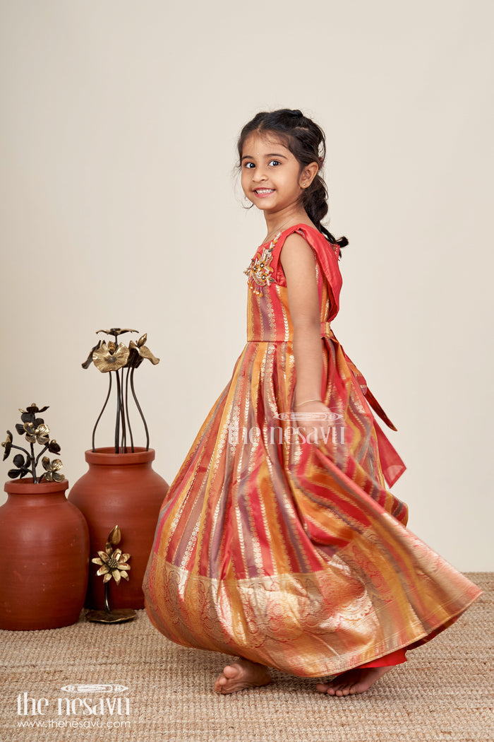 The Nesavu Girls Silk Gown Girls silk gown for wedding and traditional celebrations Nesavu Nesavu girls kora tissue silk gown with zari border for weddings and traditional celebrations
