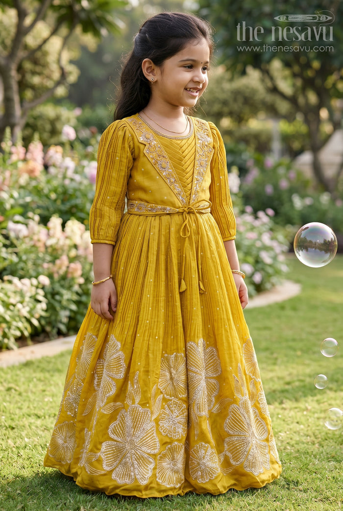 The Nesavu Girls Silk Gown Girls Silk Gown for Weddings and Festive Occasions Nesavu 24 (5Y) / Yellow GA364A-24 Nesavu festive silk gown girls embroidered yoke floral thread detailing