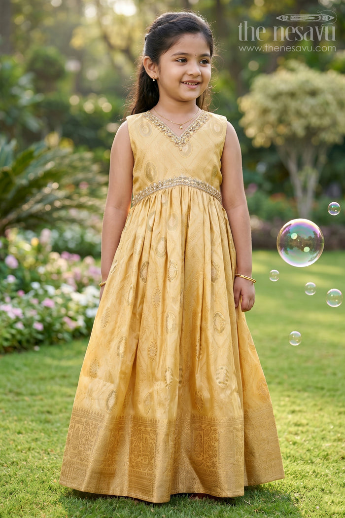 The Nesavu Girls Silk Gown Girls Silk Gown for Weddings and Festive Occasions Nesavu 24 (5Y) / Yellow GA353A-24 Nesavu girls silk gown zari border kora tissue weddings festive functions