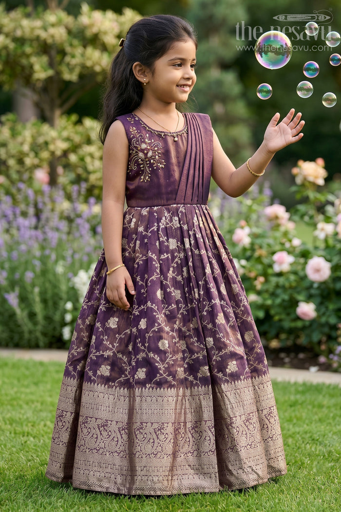 The Nesavu Girls Silk Gown Girls Silk Gown for Weddings and Traditional Family Celebrations Nesavu 20 (3Y) / Purple GA358B-20 Nesavu girls silk gown zari border weddings festive events traditional celebrations