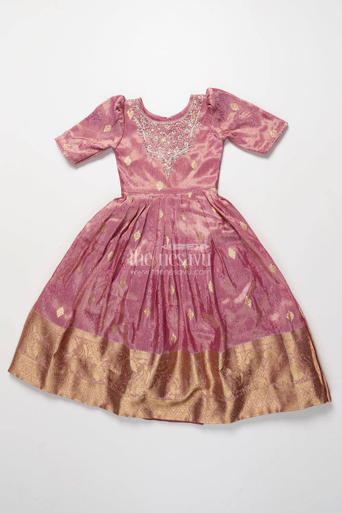 The Nesavu Girls Silk Gown Girls Silk Gown with Zari Border for Weddings and Festive Functions Nesavu Nesavu girls silk gown zari border embroidered yoke weddings cultural celebrations
