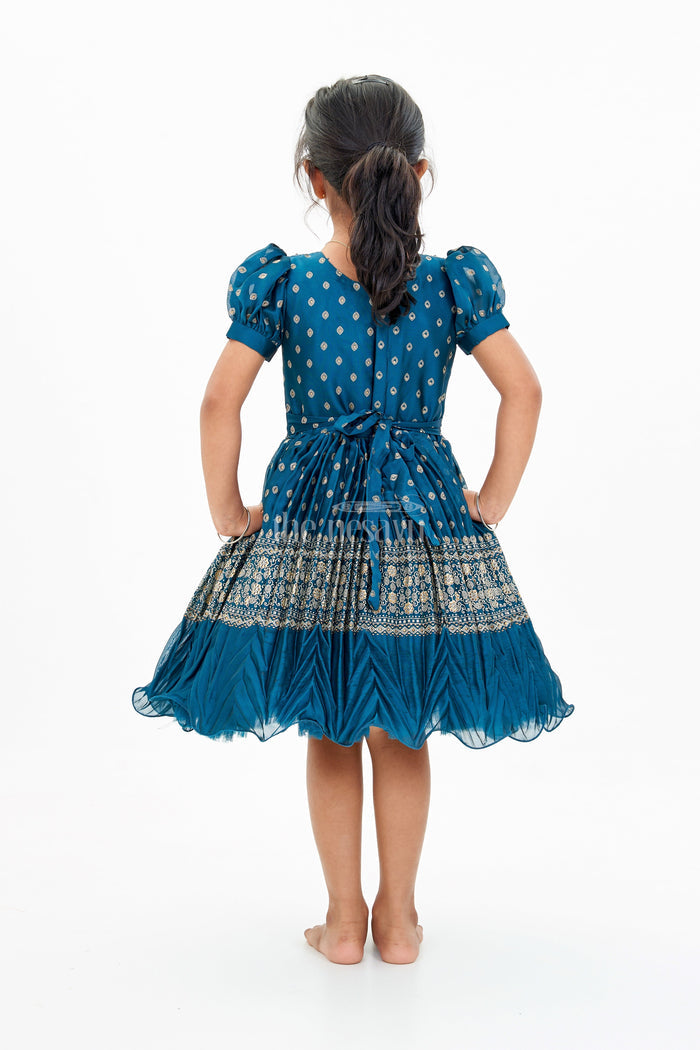 The Nesavu Silk Party Frock Girls Silk Ke Frock with Gold Embroidered Borders and Puff Sleeves for a Regal Look Nesavu Nesavu Girls Silk Ke Frock Gold Embroidered Borders Puff Sleeves