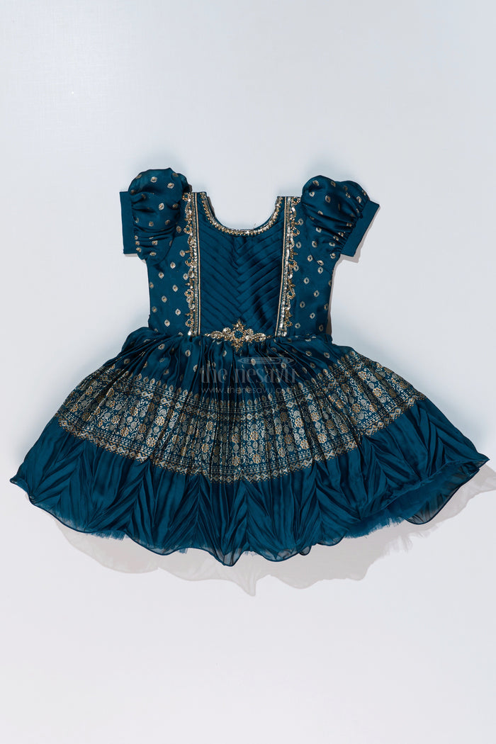 The Nesavu Silk Party Frock Girls Silk Ke Frock with Gold Embroidered Borders and Puff Sleeves for a Regal Look Nesavu Nesavu Girls Silk Ke Frock Gold Embroidered Borders Puff Sleeves