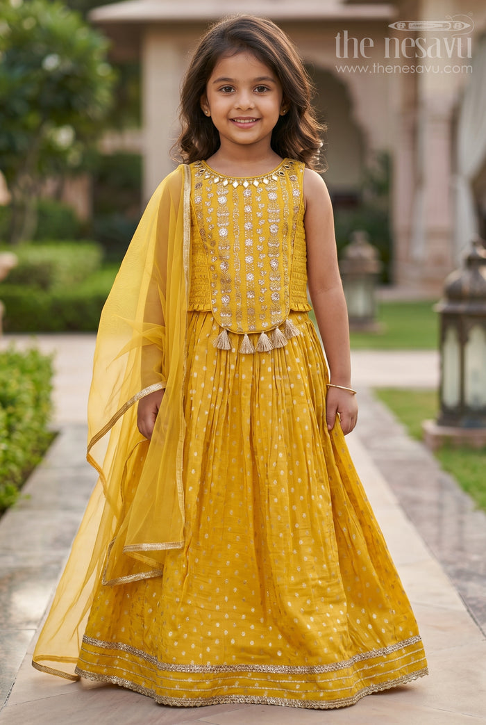 The Nesavu Girls Lehenga Choli Girls Silk Lehenga Dress in Golden Yellow with Designer Embroidery and Dupatta Nesavu 16 (1Y) / Yellow GL631A-16 Girls Silk Lehenga Dress Golden Yellow Designer Embroidered Top Dupatta | The Nesavu
