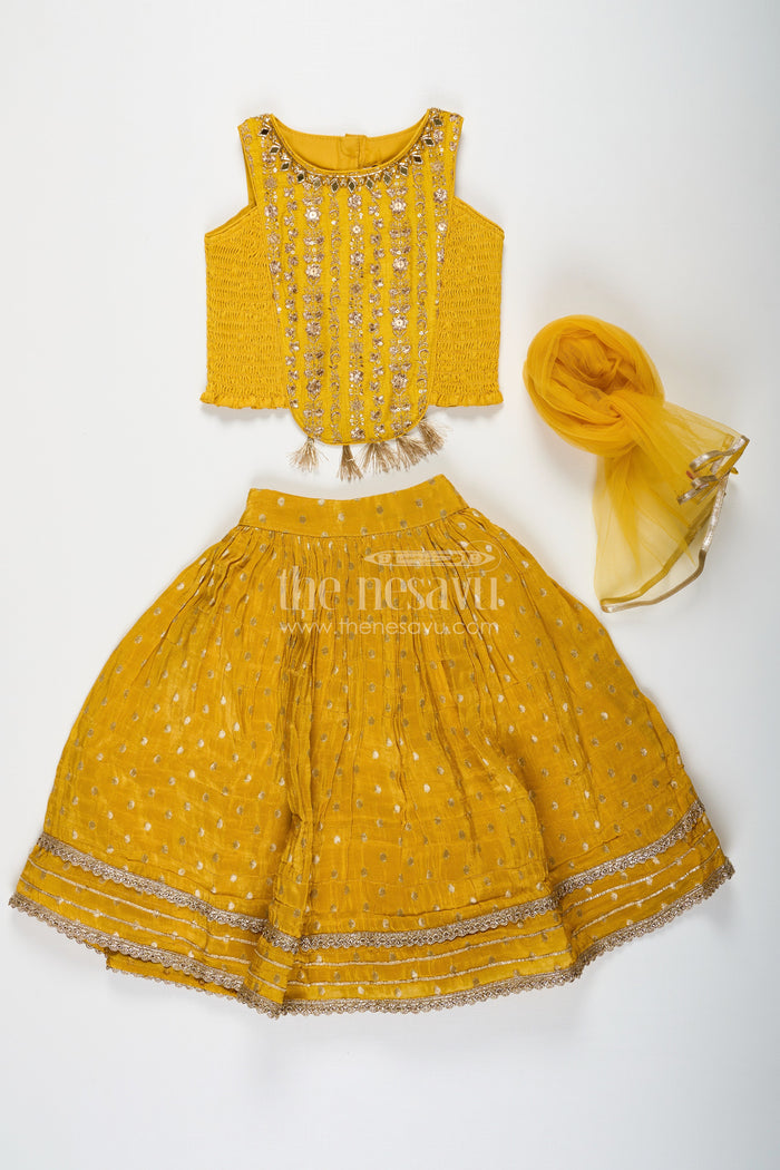 The Nesavu Girls Lehenga Choli Girls Silk Lehenga Dress in Golden Yellow with Designer Embroidery and Dupatta Nesavu Nesavu Girls Silk Lehenga Dress Golden Yellow Designer Embroidered Top Dupatta