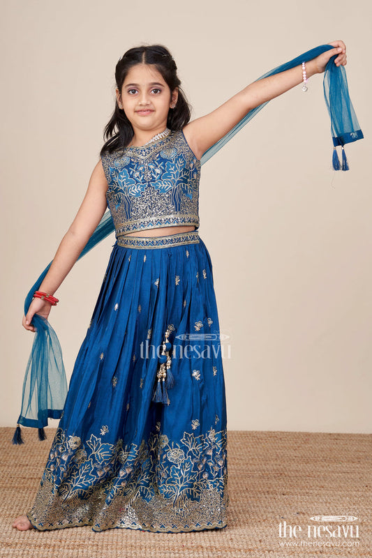 The Nesavu Girls Lehenga Choli Girls Silk Lehenga Set with Designer Embroidery for Festive Occasions Nesavu 24 (5Y) / Blue GL729B-24 Nesavu girls silk lehenga set designer embroidery  perfect weddings cultural festivities