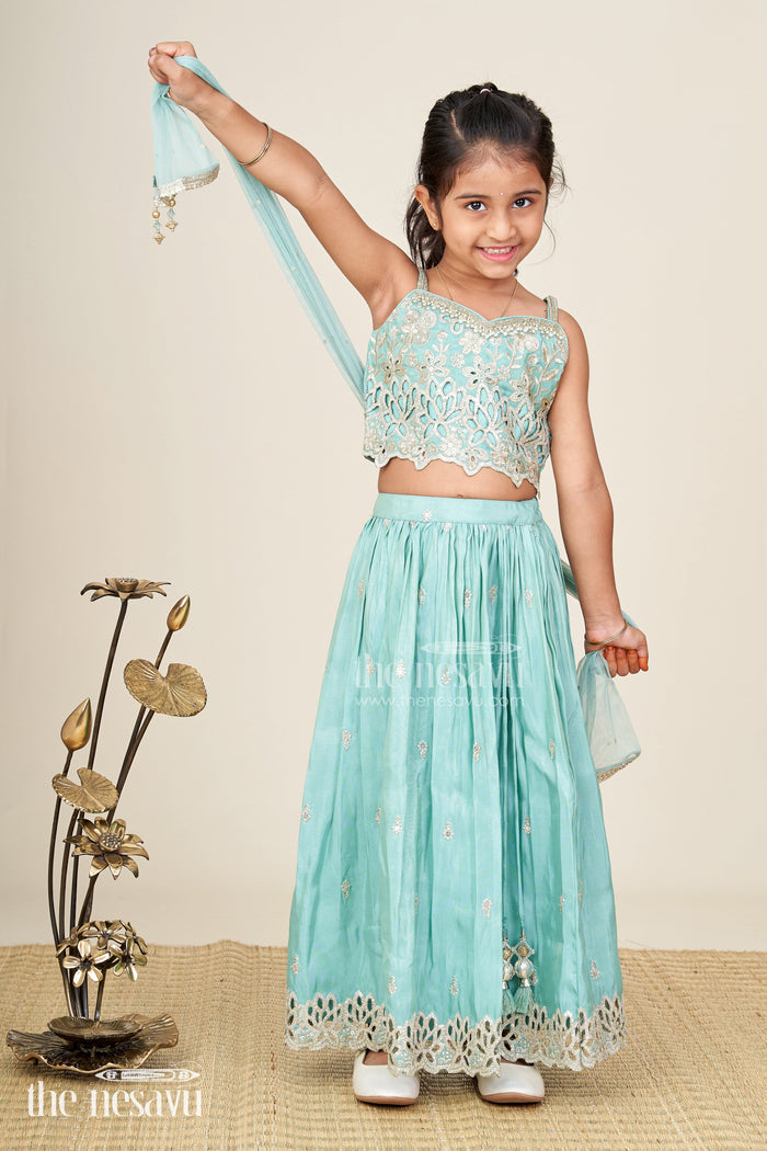 The Nesavu Girls Fancy Lehenga Girls Silk Lehenga With Embroidered Yoke And Pleated Skirt Nesavu 16 (1Y) / Blue GL664A-16 Nesavu Aqua Blue Girls Silk Lehenga Gold Floral Embroidery Soft Pleated Viscose Skirt