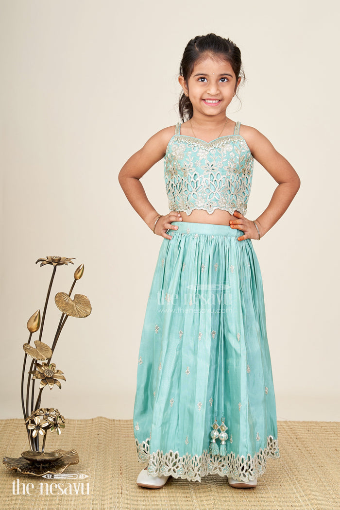 The Nesavu Girls Fancy Lehenga Girls Silk Lehenga With Embroidered Yoke And Pleated Skirt Nesavu Nesavu Aqua Blue Girls Silk Lehenga Gold Floral Embroidery Soft Pleated Viscose Skirt