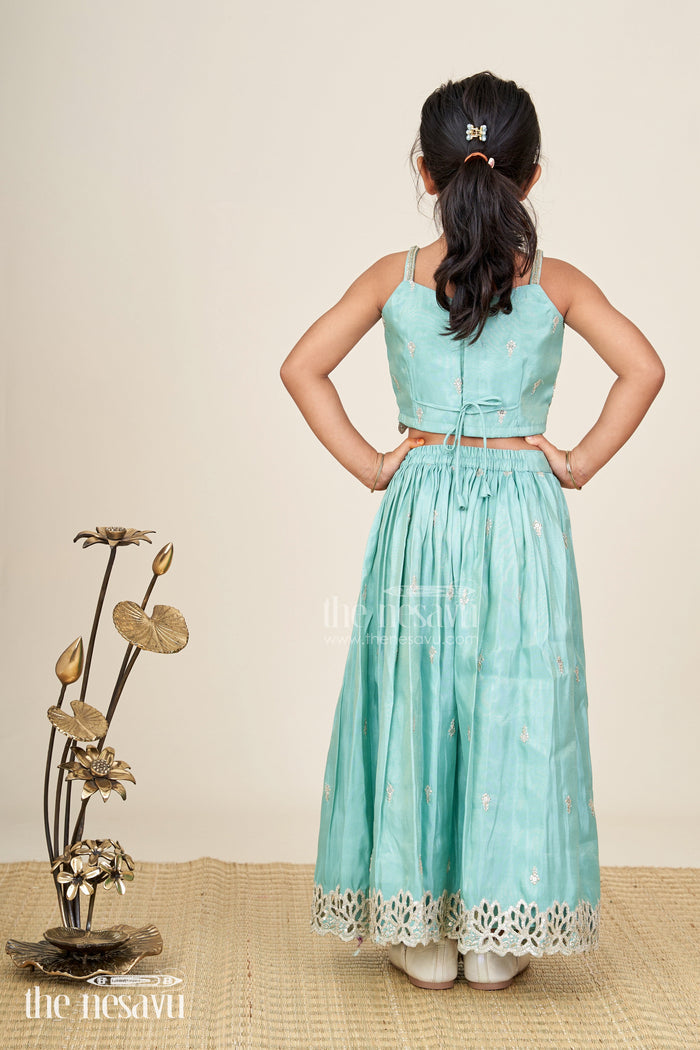 The Nesavu Girls Fancy Lehenga Girls Silk Lehenga With Embroidered Yoke And Pleated Skirt Nesavu Nesavu Aqua Blue Girls Silk Lehenga Gold Floral Embroidery Soft Pleated Viscose Skirt