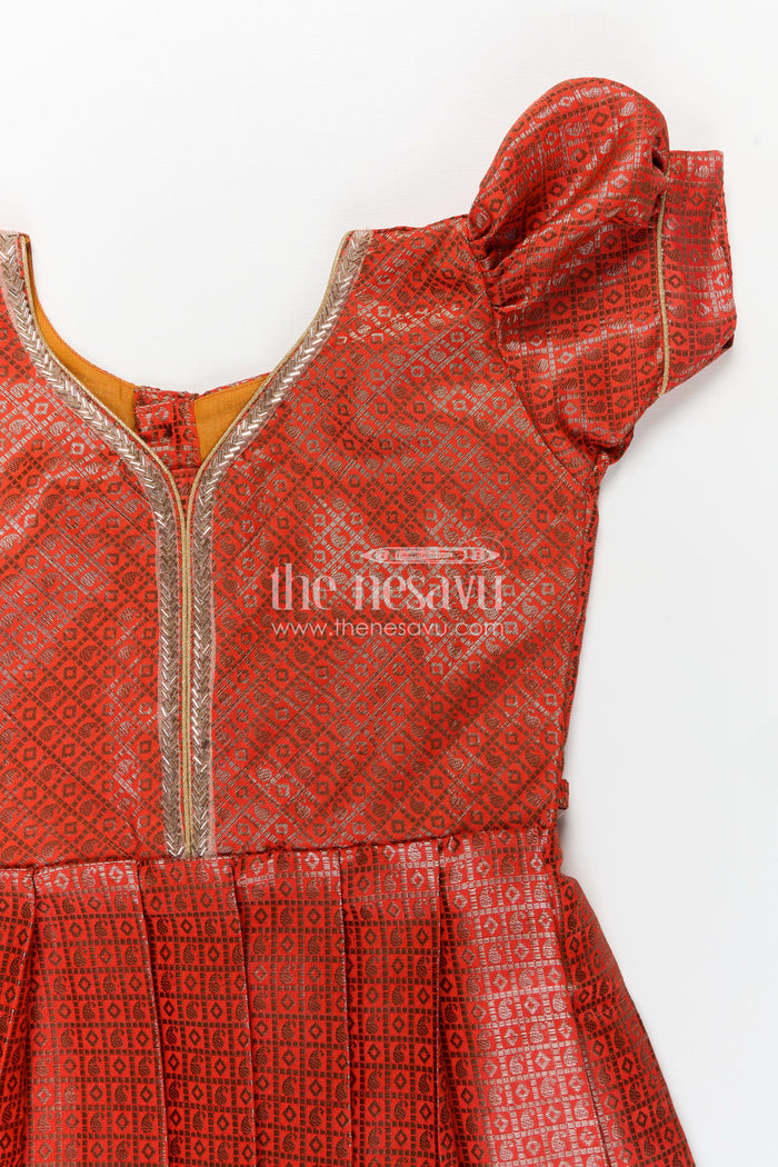 The Nesavu Silk Frock Girls Silk Long Frock Design in Semi Banaras Silk with Rust Orange Zari Brocade and Elegant Pleats Nesavu Nesavu Girls Rust Orange Silk Long Frock Design Semi Banaras Silk Brocade Zari Pleated Skirt