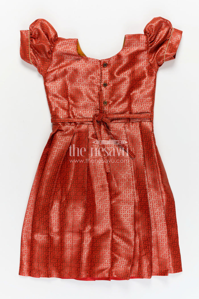 The Nesavu Silk Frock Girls Silk Long Frock Design in Semi Banaras Silk with Rust Orange Zari Brocade and Elegant Pleats Nesavu Nesavu Girls Rust Orange Silk Long Frock Design Semi Banaras Silk Brocade Zari Pleated Skirt