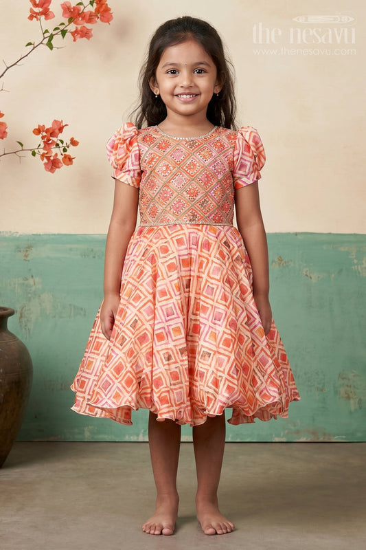 The Nesavu Silk Party Frock Girls Silk Party Frock with Beads and Digital Print Design Nesavu 18 (2Y) / Orange SF1076A-18 Nesavu silk party frock girls beads digital print