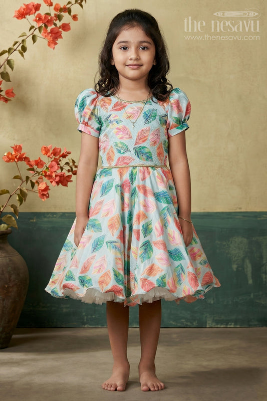 The Nesavu Silk Party Frock Girls Silk Party Frock with Beads and Leafy Digital Print Nesavu 18 (2Y) / Green SF1077A-18 Nesavu girls silk party frock leafy digital print beads