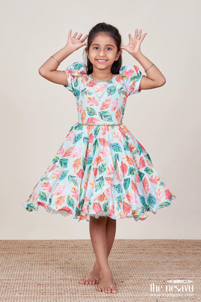 The Nesavu Silk Party Frock Girls Silk Party Frock with Beads and Leafy Digital Print Nesavu Nesavu girls silk party frock leafy digital print beads