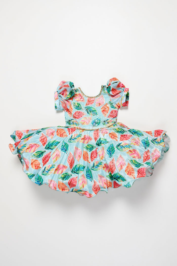 The Nesavu Silk Party Frock Girls Silk Party Frock with Beads and Leafy Digital Print Nesavu Nesavu girls silk party frock leafy digital print beads