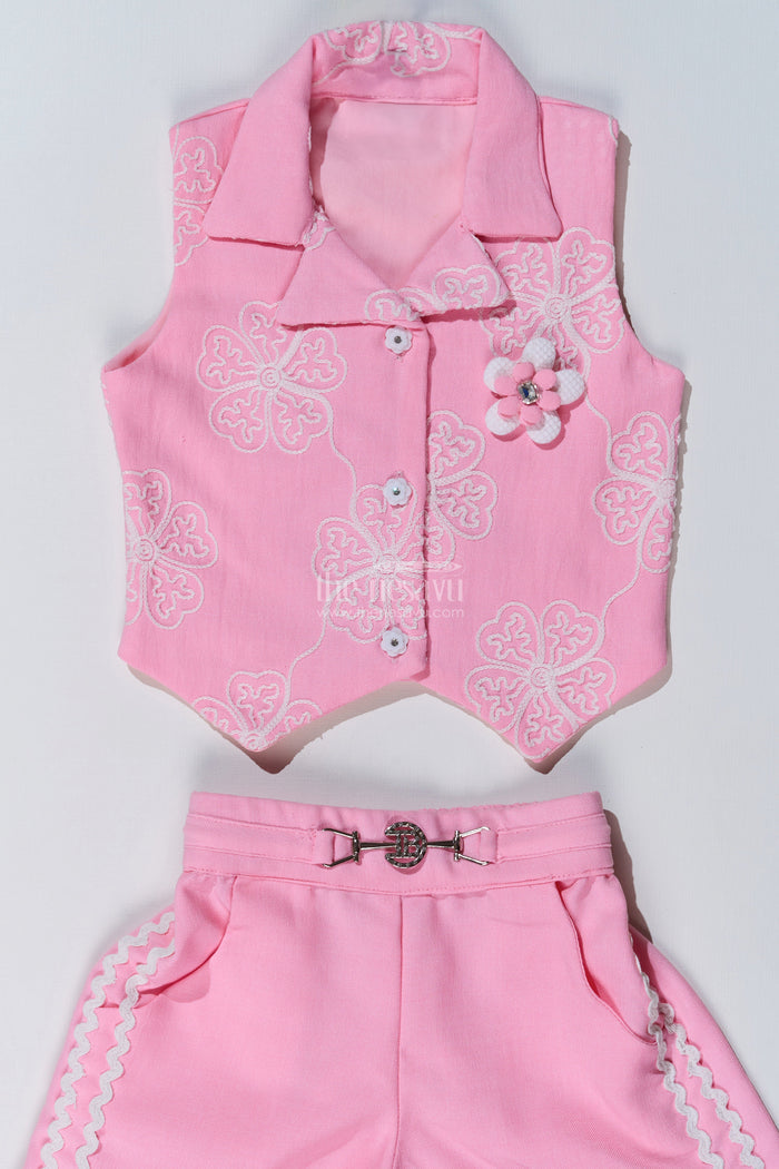 The Nesavu Girls Casual Set Girls Simple Sharara in Pink with Embroidered Collared Jacket and Flared Pants Nesavu Nesavu Girls Pink Simple Sharara Embroidered Jacket Lace Detailed Pants