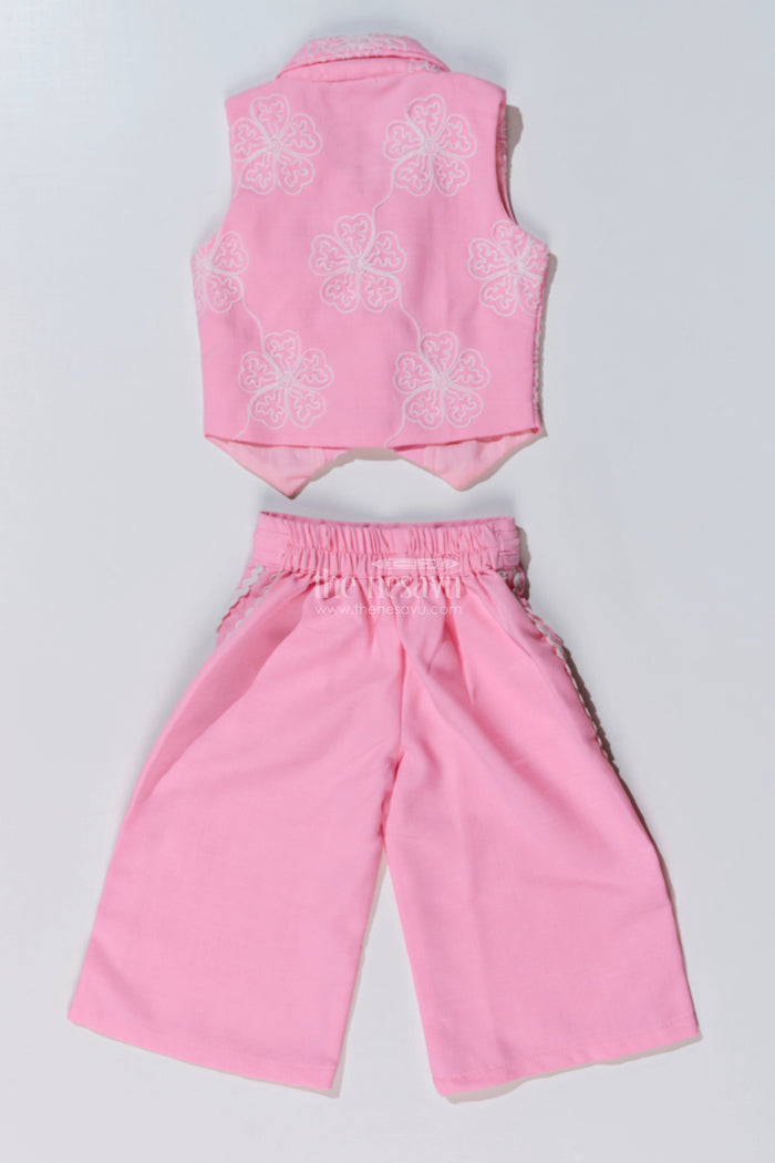 The Nesavu Girls Casual Set Girls Simple Sharara in Pink with Embroidered Collared Jacket and Flared Pants Nesavu Nesavu Girls Pink Simple Sharara Embroidered Jacket Lace Detailed Pants