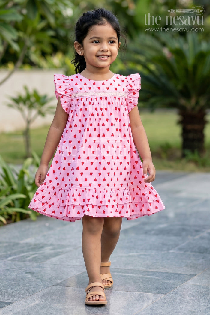 The Nesavu Girls Cotton Frock Girls Single Piece Frock in Pink Cotton with Red Heart Digital Print and Ruffled Finish Nesavu 18 (2Y) / Pink GFC1765A-18 Nesavu Girls Pink Cotton Single Piece Frock Red Heart Print Ruffle Hem Detailing