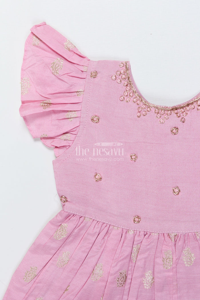 The Nesavu Girls Chanderi Frock Girls Sleeveless Chanderi Frock for Birthday and Festive Wear Nesavu Nesavu girls chanderi cotton frock gold motif print birthdays festive occasions
