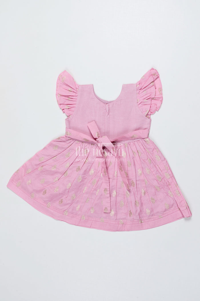 The Nesavu Girls Chanderi Frock Girls Sleeveless Chanderi Frock for Birthday and Festive Wear Nesavu Nesavu girls chanderi cotton frock gold motif print birthdays festive occasions