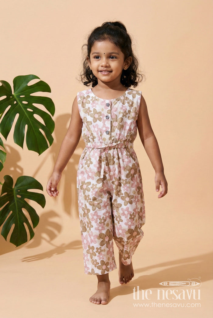 The Nesavu Girls Jumpsuit Girls Sleeveless Jumpsuit with Floral Print for Everyday Wear and Travel Nesavu 20 (3Y) / Green GFC1903A-20 Nesavu Girls Beige Floral Cotton Jumpsuit Sleeveless Wide-Leg Design Casual Days
