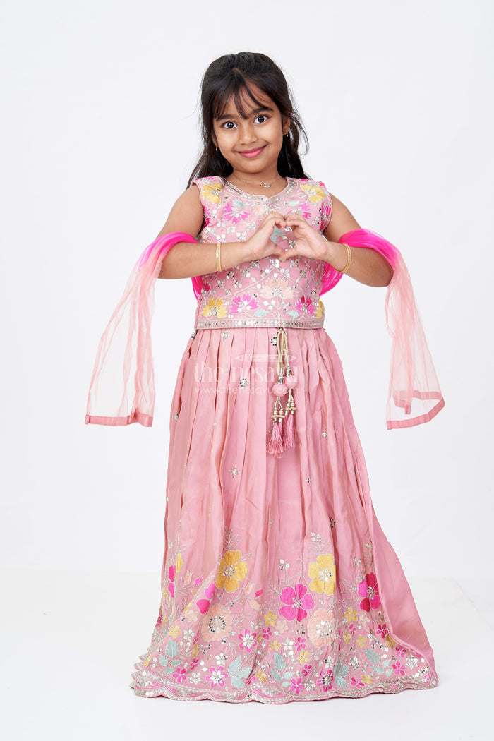 The Nesavu Girls Lehenga Choli Girls Sleeveless Lehenga in Pink Pure Tissue Silk with Floral Thread Embroidery and Mirror Work Nesavu 24 (5Y) / Pink GL611A-24 Girls Sleeveless Lehenga Pure Tissue Silk Floral Embroidery Mirror Work Dupatta | The Nesavu