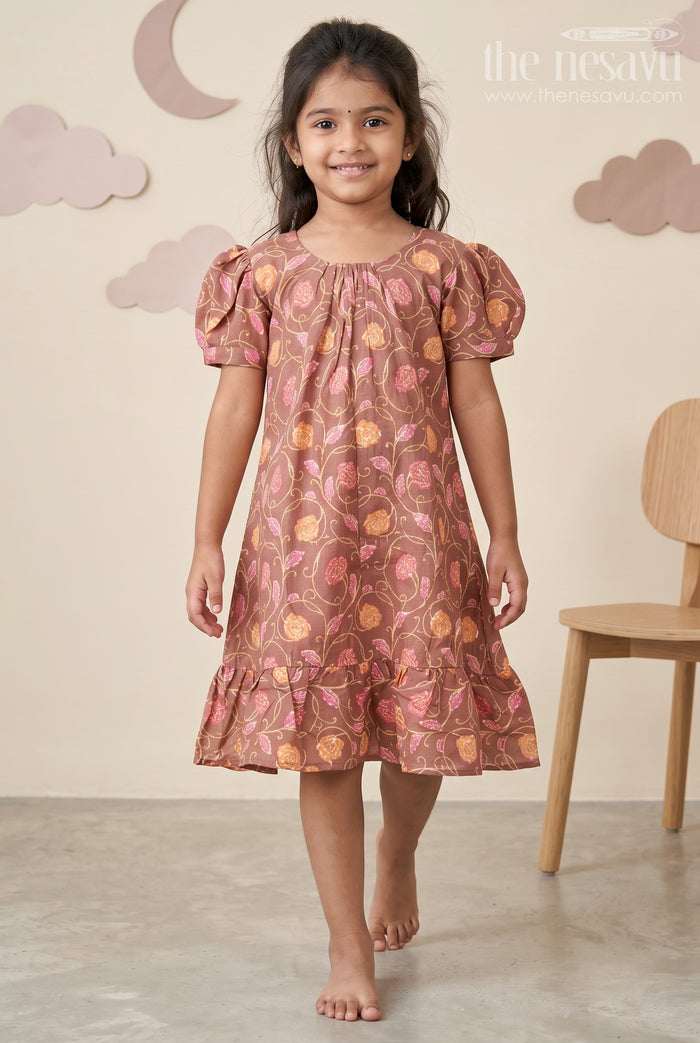 The Nesavu Girls Fancy Frock Girls Sleeves Design Frock in Brown Muslin Silk with Floral Print and Gathered Hem for Everyday Charm Nesavu 18 (2Y) / Brown GFC1756B-18 Nesavu Girls Brown Muslin Silk Sleeves Design Frock Floral Digital Print Ruffle Hem