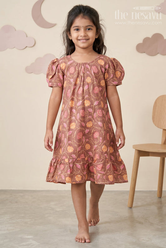 The Nesavu Girls Fancy Frock Girls Sleeves Design Frock in Brown Muslin Silk with Floral Print and Gathered Hem for Everyday Charm Nesavu 18 (2Y) / Brown GFC1756B-18 Nesavu Girls Brown Muslin Silk Sleeves Design Frock Floral Digital Print Ruffle Hem