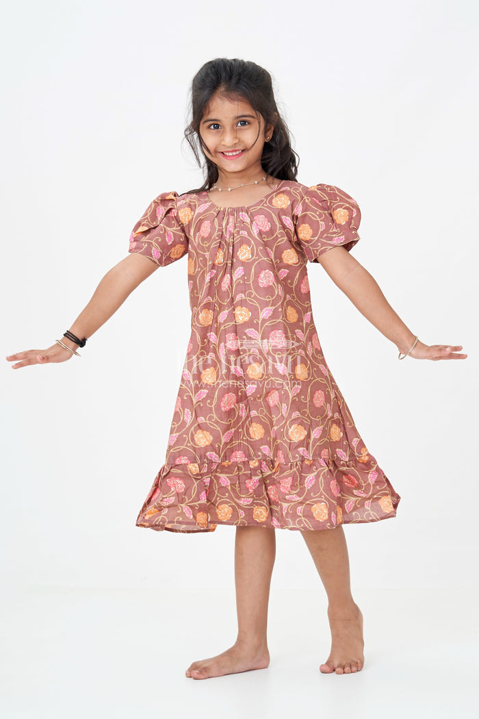 The Nesavu Girls Fancy Frock Girls Sleeves Design Frock in Brown Muslin Silk with Floral Print and Gathered Hem for Everyday Charm Nesavu 18 (2Y) / Brown GFC1756B-18 Nesavu Girls Brown Muslin Silk Sleeves Design Frock Floral Digital Print Ruffle Hem