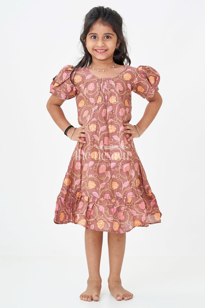 The Nesavu Girls Fancy Frock Girls Sleeves Design Frock in Brown Muslin Silk with Floral Print and Gathered Hem for Everyday Charm Nesavu Nesavu Girls Brown Muslin Silk Sleeves Design Frock Floral Digital Print Ruffle Hem