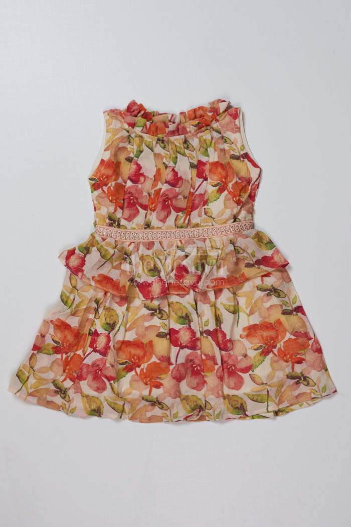 The Nesavu Girls Cotton Frock Girls Small Frock in Chiffon Cotton Blend with Vibrant Floral Print and Layered Ruffle Design Nesavu 16 (1Y) / Red GFC1637A-16 Nesavu Girls Small Frock Chiffon Cotton Blend Vibrant Floral Print Ruffle Details